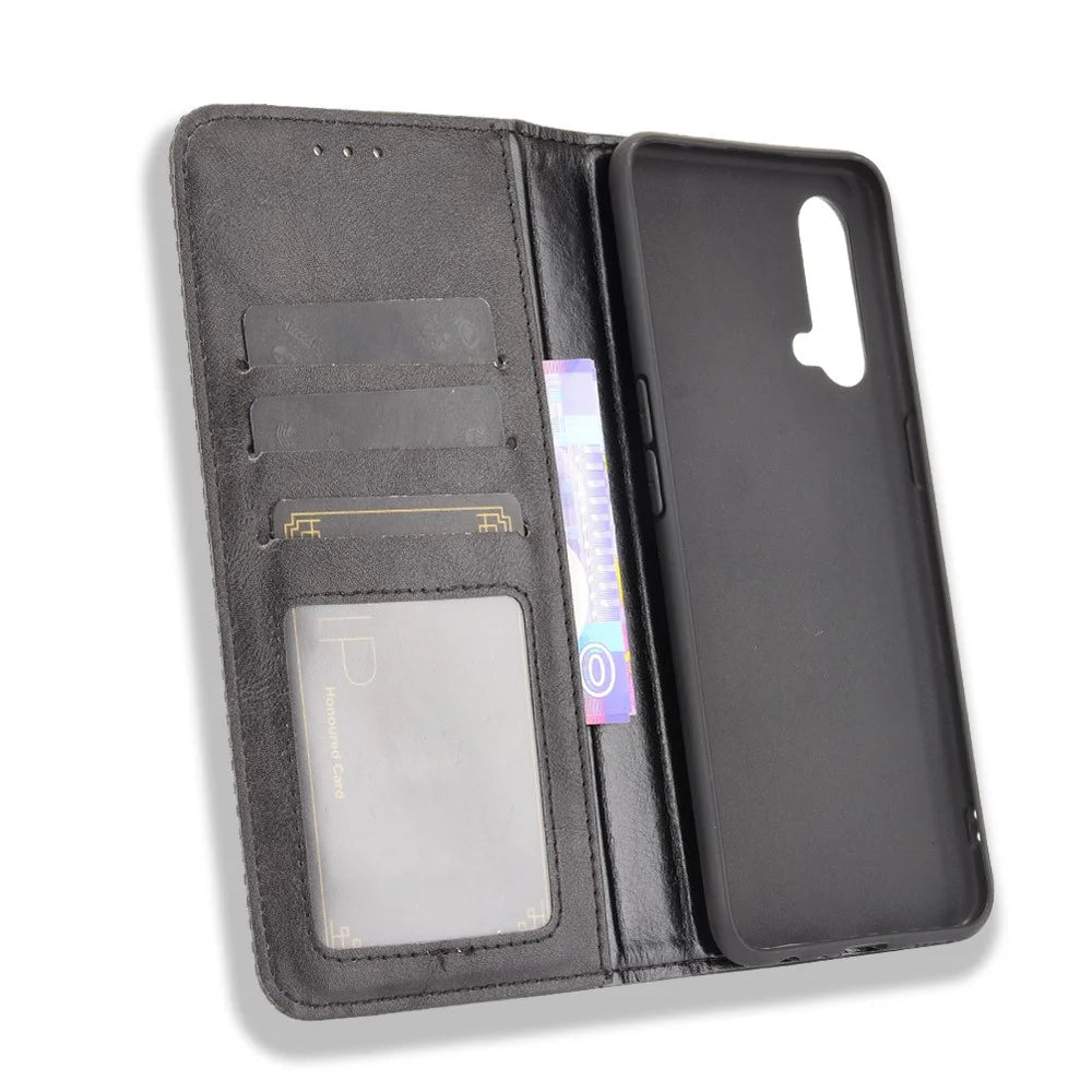 Full Protection Shockproof Vintage PU Leather Magnetic Closure Wallet Stand Case for OnePlus Nord CE 5G - Black - 4