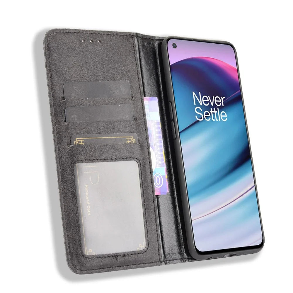 Full Protection Shockproof Vintage PU Leather Magnetic Closure Wallet Stand Case for OnePlus Nord CE 5G - Black - 5