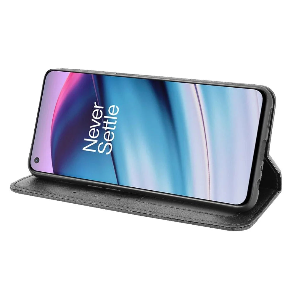 Full Protection Shockproof Vintage PU Leather Magnetic Closure Wallet Stand Case for OnePlus Nord CE 5G - Black - 6