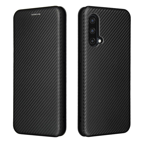 For OnePlus Nord CE 5G Carbon Fiber Texture Automatic Absorption Leather Case with Card Holder and Ring Strap - Black - 1