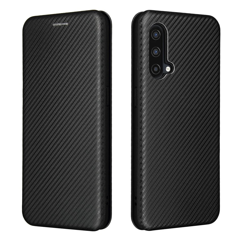 For OnePlus Nord CE 5G Carbon Fiber Texture Automatic Absorption Leather Case with Card Holder and Ring Strap - Black - 1