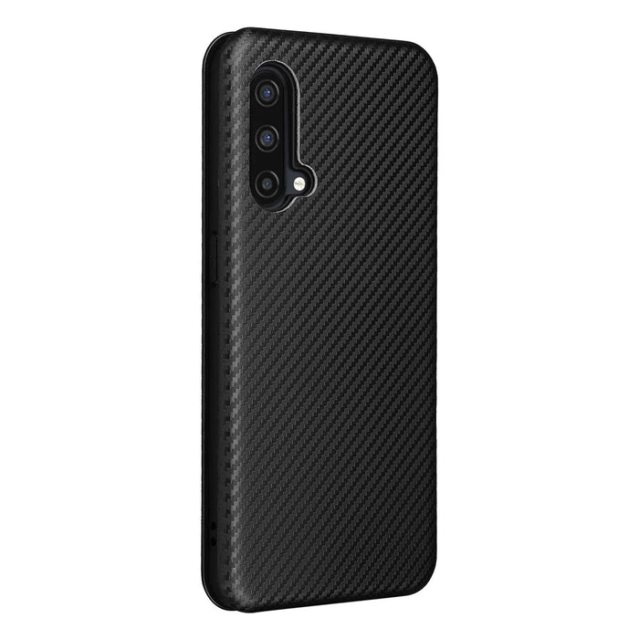 For OnePlus Nord CE 5G Carbon Fiber Texture Automatic Absorption Leather Case with Card Holder and Ring Strap - Black - 2