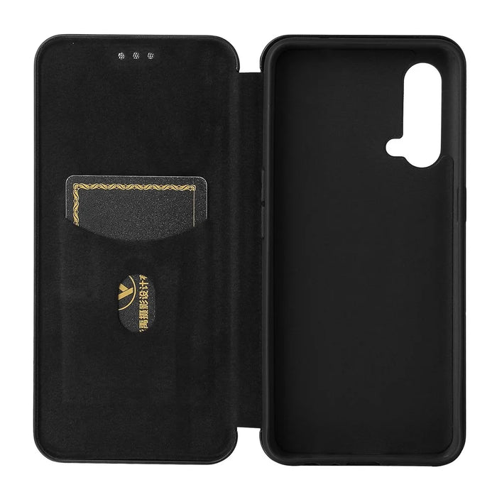 For OnePlus Nord CE 5G Carbon Fiber Texture Automatic Absorption Leather Case with Card Holder and Ring Strap - Black - 5