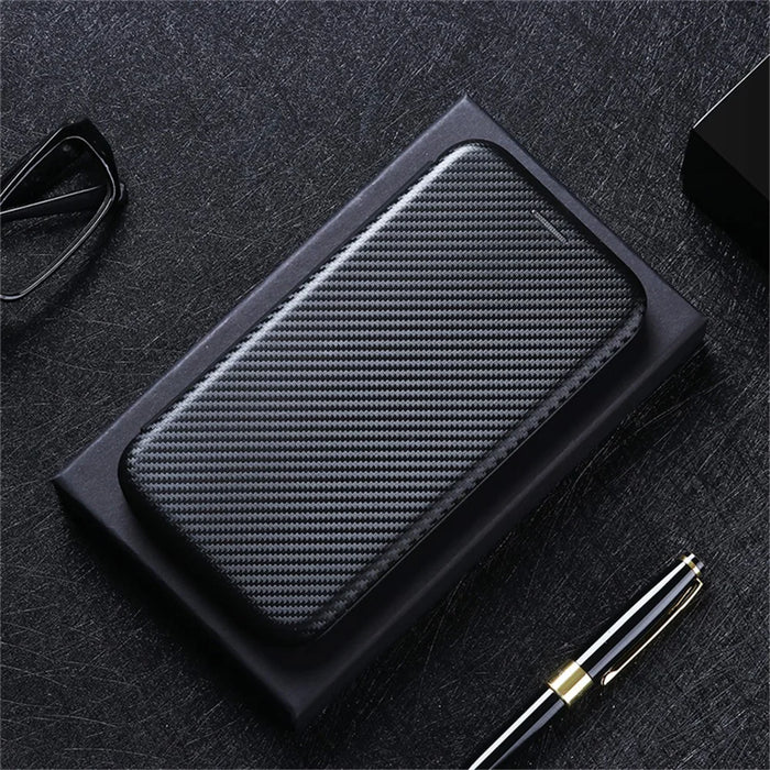 For OnePlus Nord CE 5G Carbon Fiber Texture Automatic Absorption Leather Case with Card Holder and Ring Strap - Black - 6