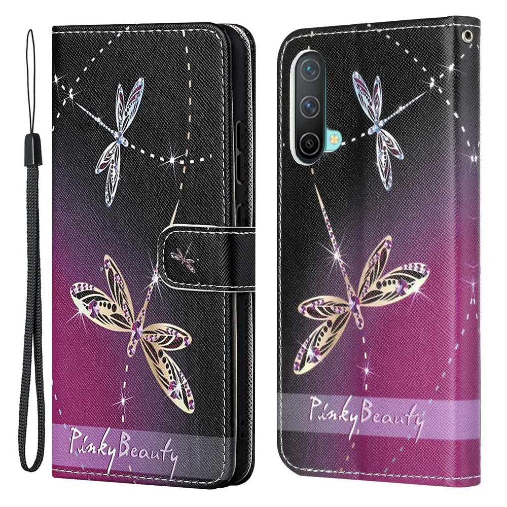 Pattern Printing Cross Texture Leather Wallet Phone Stand Case Cover for OnePlus Nord CE 5G - Dragonfly - 1