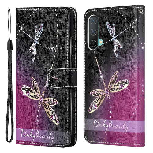Pattern Printing Cross Texture Leather Wallet Phone Stand Case Cover for OnePlus Nord CE 5G - Dragonfly - 1