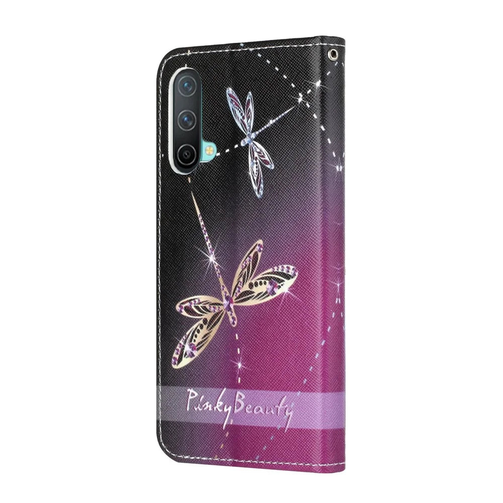 Pattern Printing Cross Texture Leather Wallet Phone Stand Case Cover for OnePlus Nord CE 5G - Dragonfly - 4