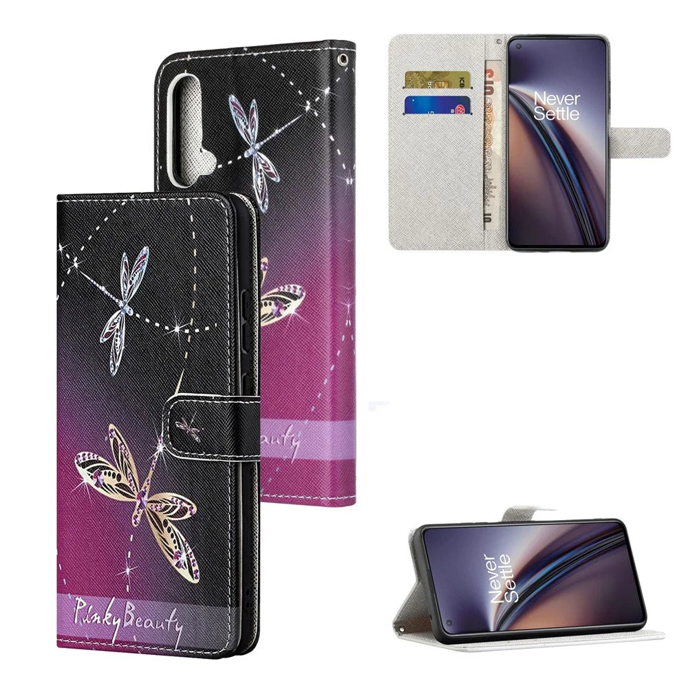 Pattern Printing Cross Texture Leather Wallet Phone Stand Case Cover for OnePlus Nord CE 5G - Dragonfly - 7