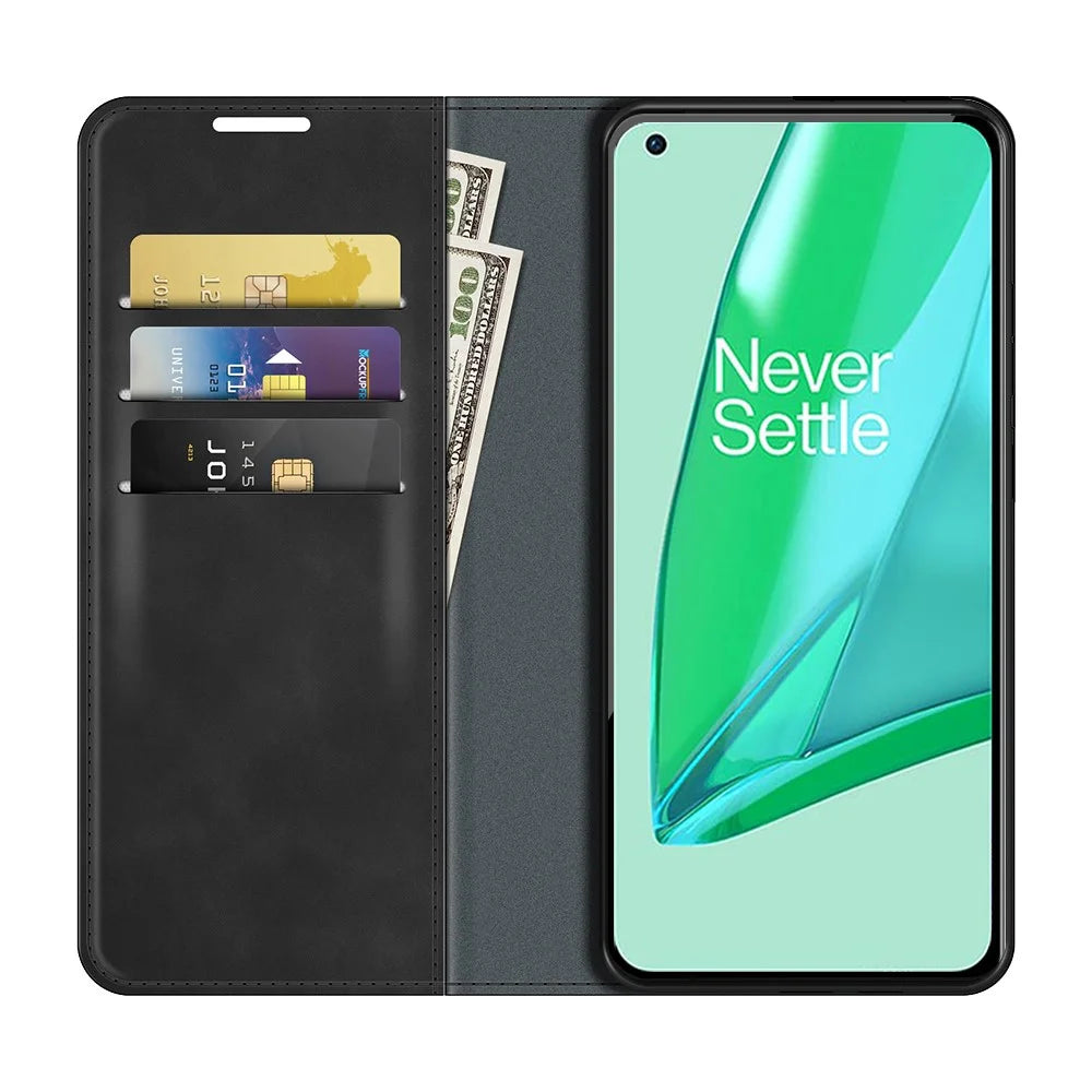 Wallet Stand Design Full Protection Magnetic Auto-absorbed Leather Phone Case Cover for OnePlus 9 Pro - Black - 7