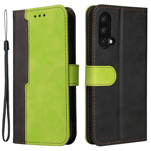 Bi-color Style Soft PU Leather Phone Case Wallet with Strap for OnePlus Nord CE 5G - Green - 1