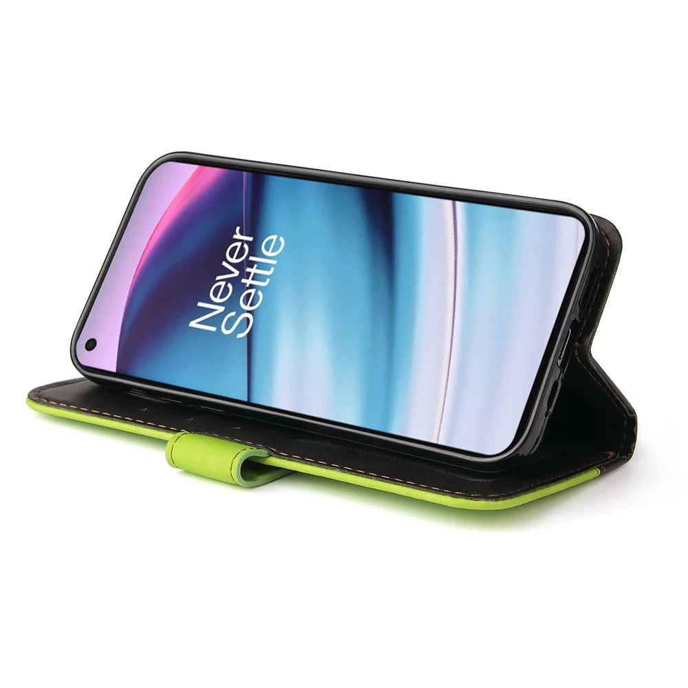 Bi-color Style Soft PU Leather Phone Case Wallet with Strap for OnePlus Nord CE 5G - Green - 4
