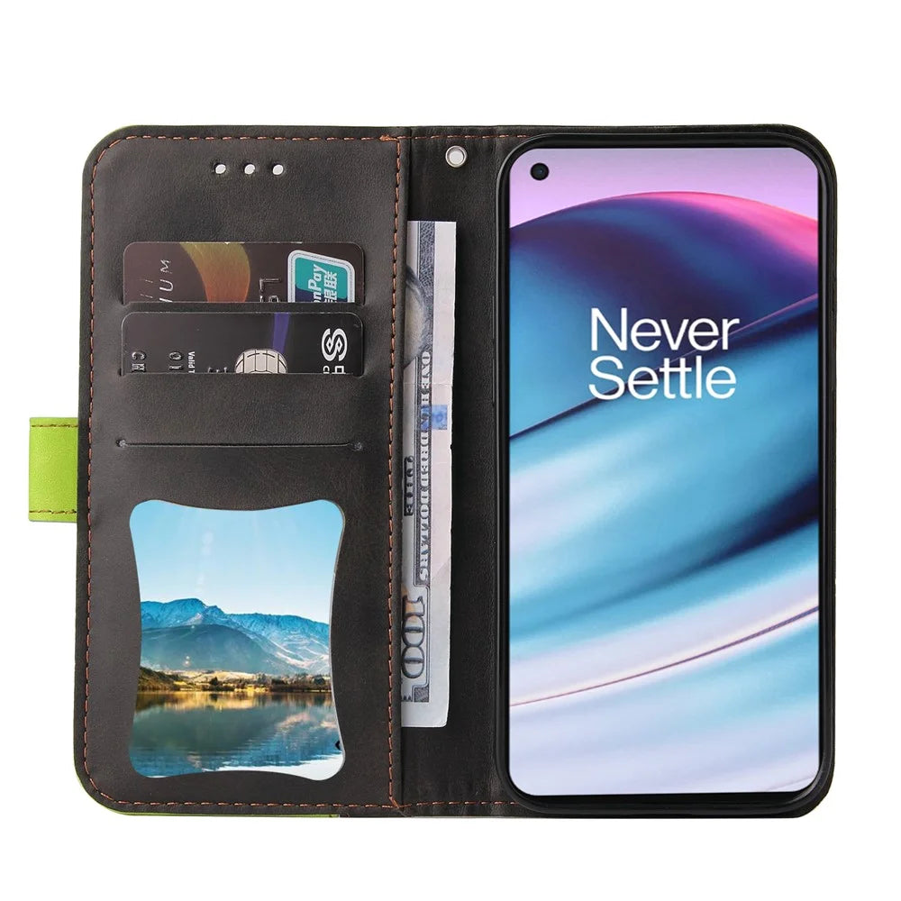 Bi-color Style Soft PU Leather Phone Case Wallet with Strap for OnePlus Nord CE 5G - Green - 5