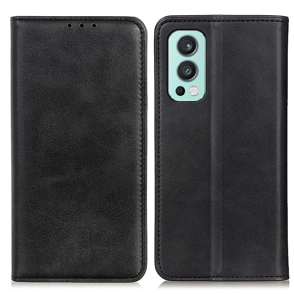 Full Body Protection Split Leather Wallet Magnetic Auto-absorbed Stand Case for OnePlus Nord 2 5G - Black - 1