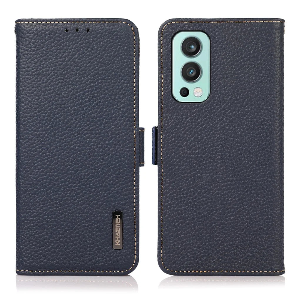KHAZNEH Wallet Stand Litchi Texture Genuine Leather Cover Case with Anti-theft Swiping Design for OnePlus Nord 2 5G - Blue - 1
