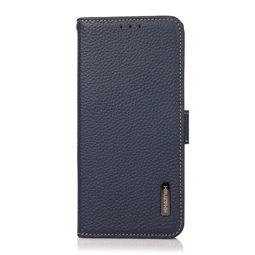 KHAZNEH Wallet Stand Litchi Texture Genuine Leather Cover Case with Anti-theft Swiping Design for OnePlus Nord 2 5G - Blue - 2