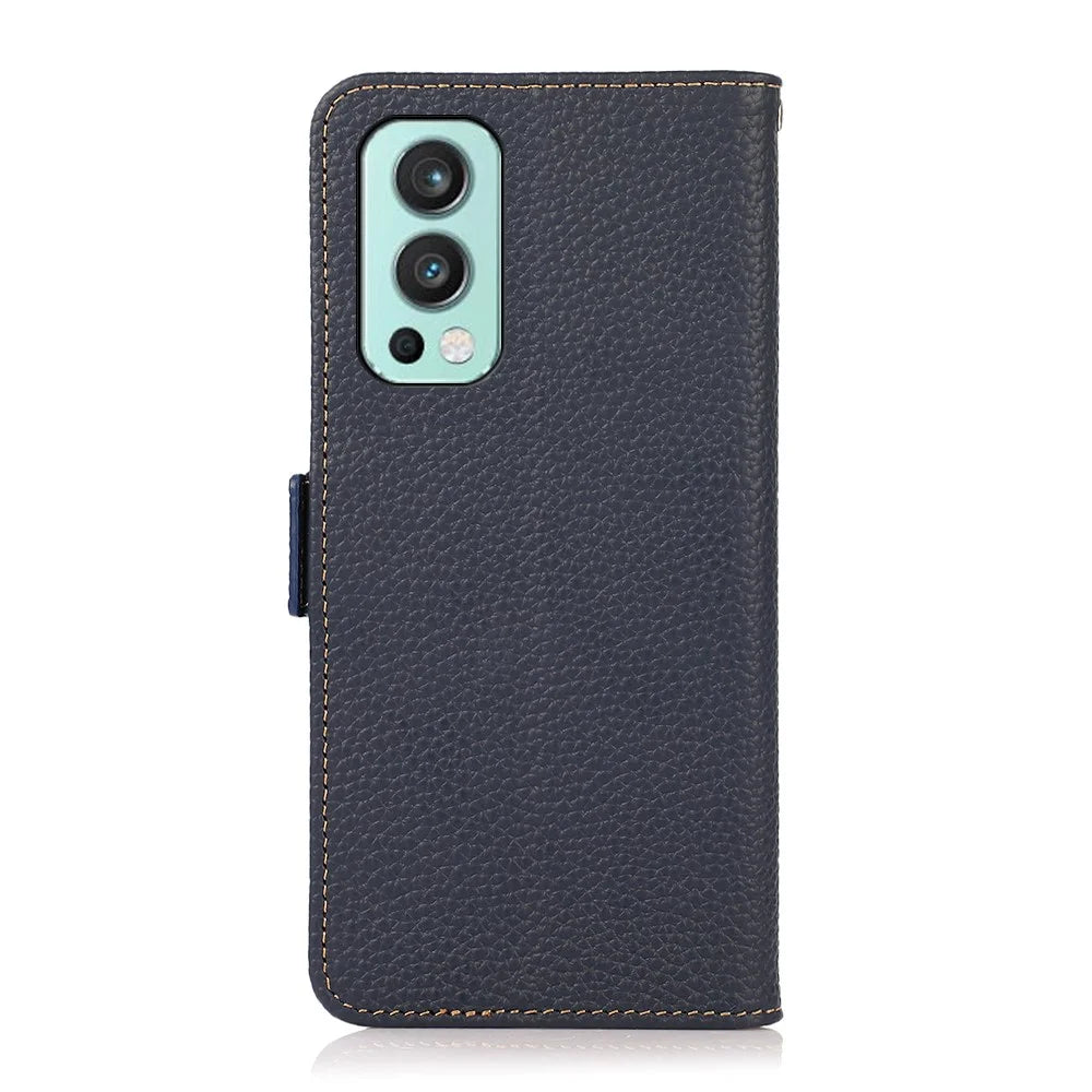 KHAZNEH Wallet Stand Litchi Texture Genuine Leather Cover Case with Anti-theft Swiping Design for OnePlus Nord 2 5G - Blue - 3