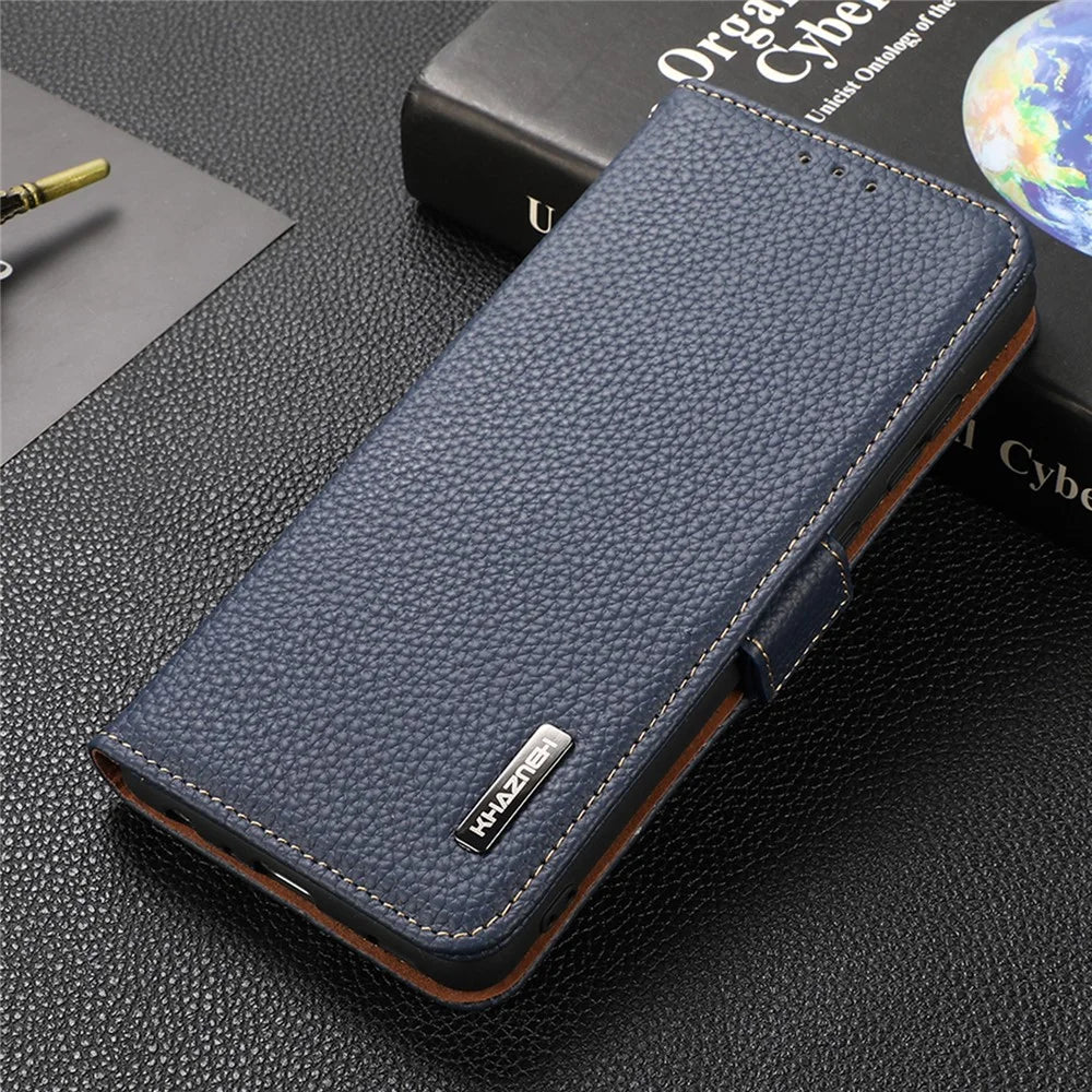 KHAZNEH Wallet Stand Litchi Texture Genuine Leather Cover Case with Anti-theft Swiping Design for OnePlus Nord 2 5G - Blue - 6