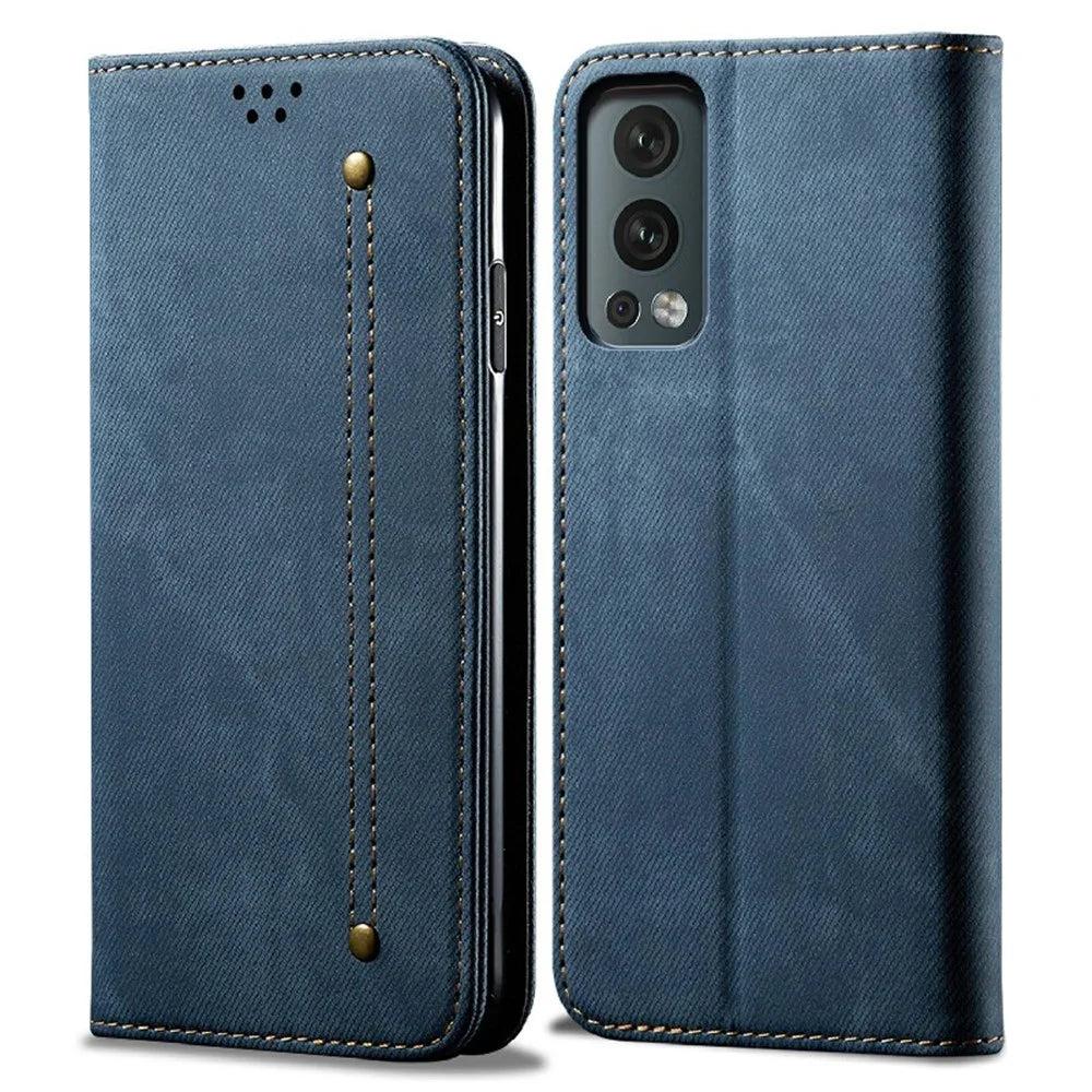 Full Coverage Jeans Cloth Texture PU Leather Wallet Stand Case for OnePlus Nord 2 5G - Blue - 1