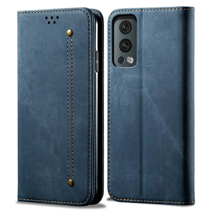 Full Coverage Jeans Cloth Texture PU Leather Wallet Stand Case for OnePlus Nord 2 5G - Blue - 1