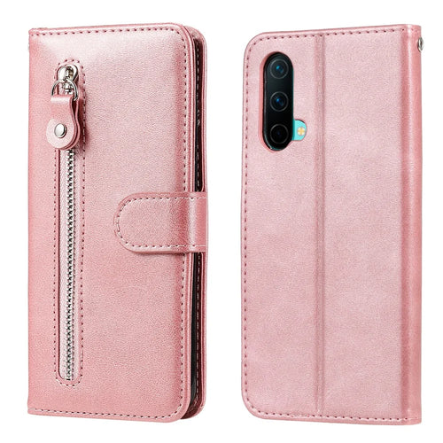 Zipper Pocket Wallet PU Leather Phone Case Shell with Stand for OnePlus Nord CE 5G - Rose Gold - 1