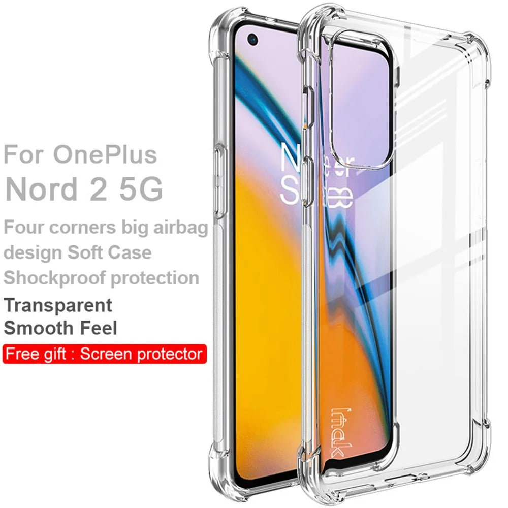 IMAK Shockproof Protective Clear Soft TPU Bumper Back Shell with Screen Protector for OnePlus Nord 2 5G - Transparent - 2