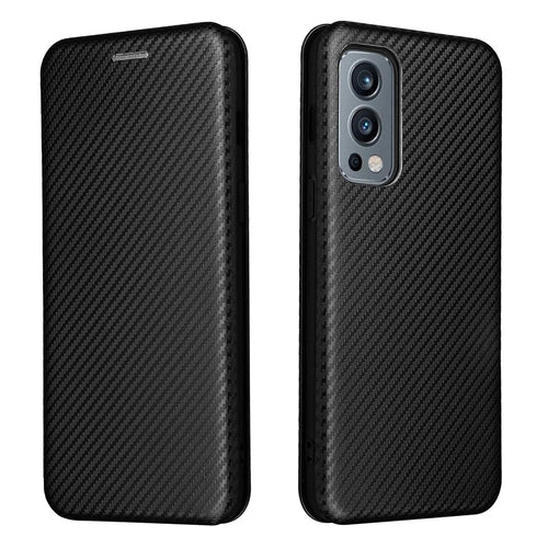 Carbon Fiber Texture Card Slot Design Magnetic Auto-absorbed Leather Shell Phone Case for OnePlus Nord 2 5G - Black - 1
