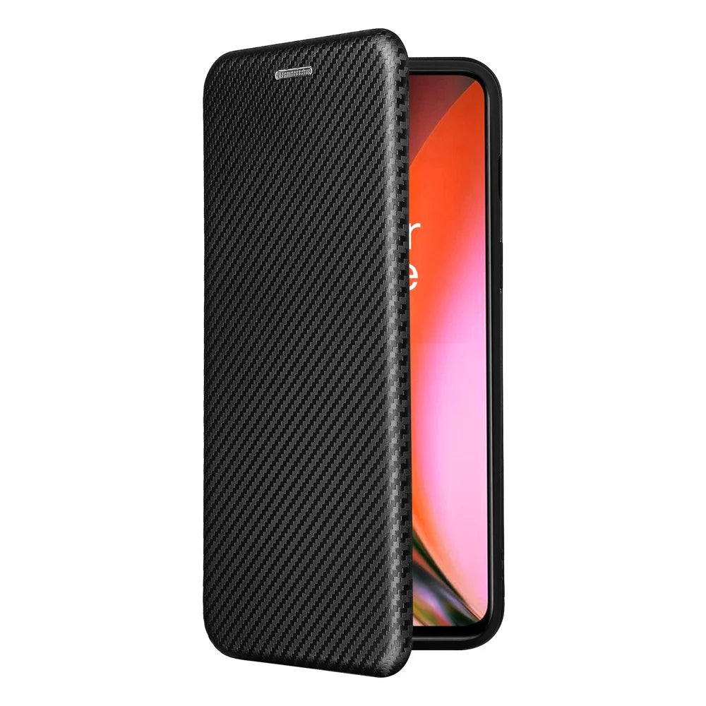 Carbon Fiber Texture Card Slot Design Magnetic Auto-absorbed Leather Shell Phone Case for OnePlus Nord 2 5G - Black - 2