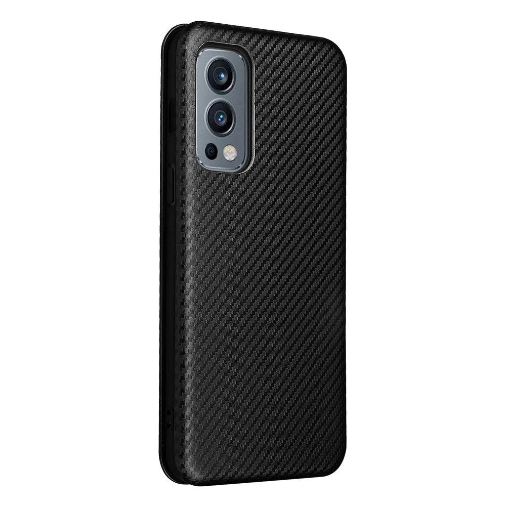 Carbon Fiber Texture Card Slot Design Magnetic Auto-absorbed Leather Shell Phone Case for OnePlus Nord 2 5G - Black - 3