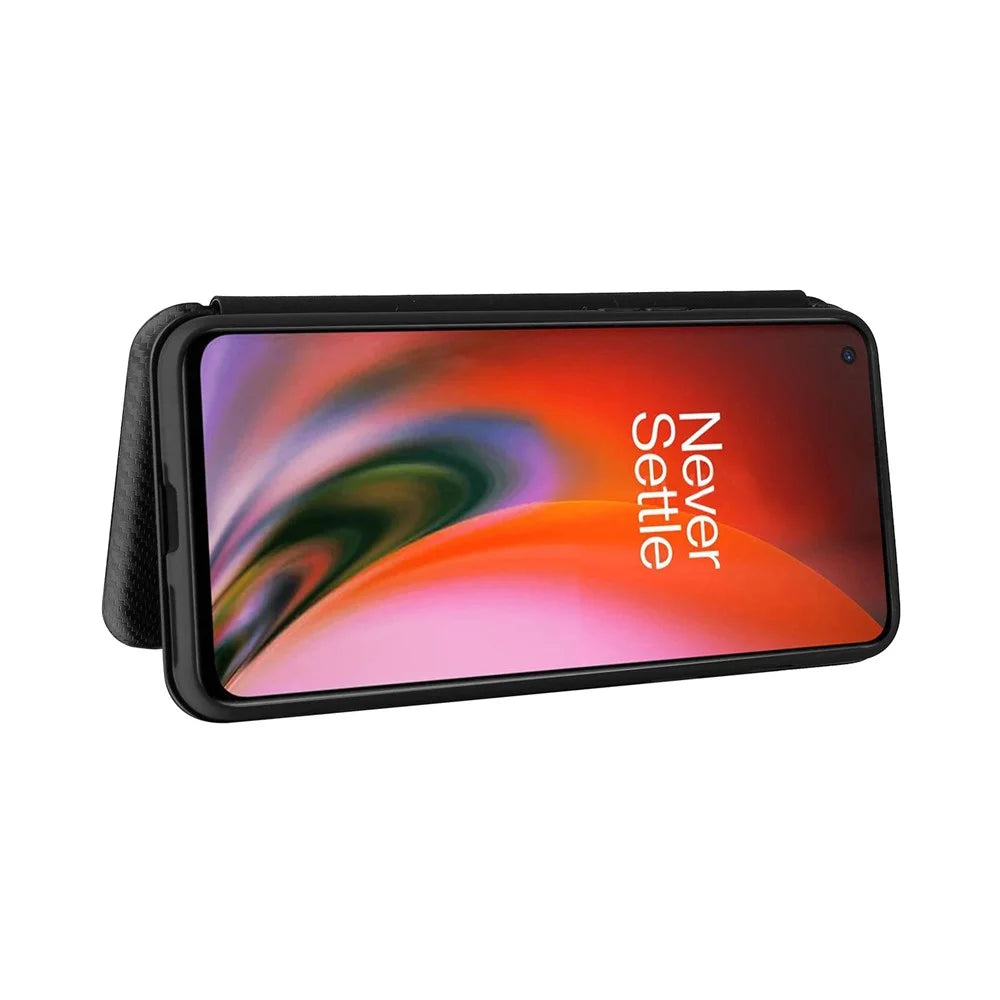 Carbon Fiber Texture Card Slot Design Magnetic Auto-absorbed Leather Shell Phone Case for OnePlus Nord 2 5G - Black - 5