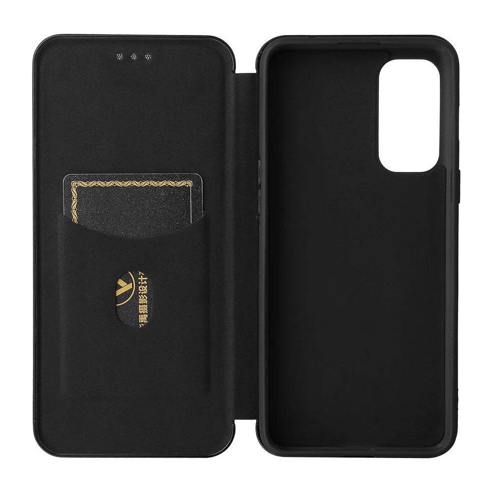 Carbon Fiber Texture Card Slot Design Magnetic Auto-absorbed Leather Shell Phone Case for OnePlus Nord 2 5G - Black - 6