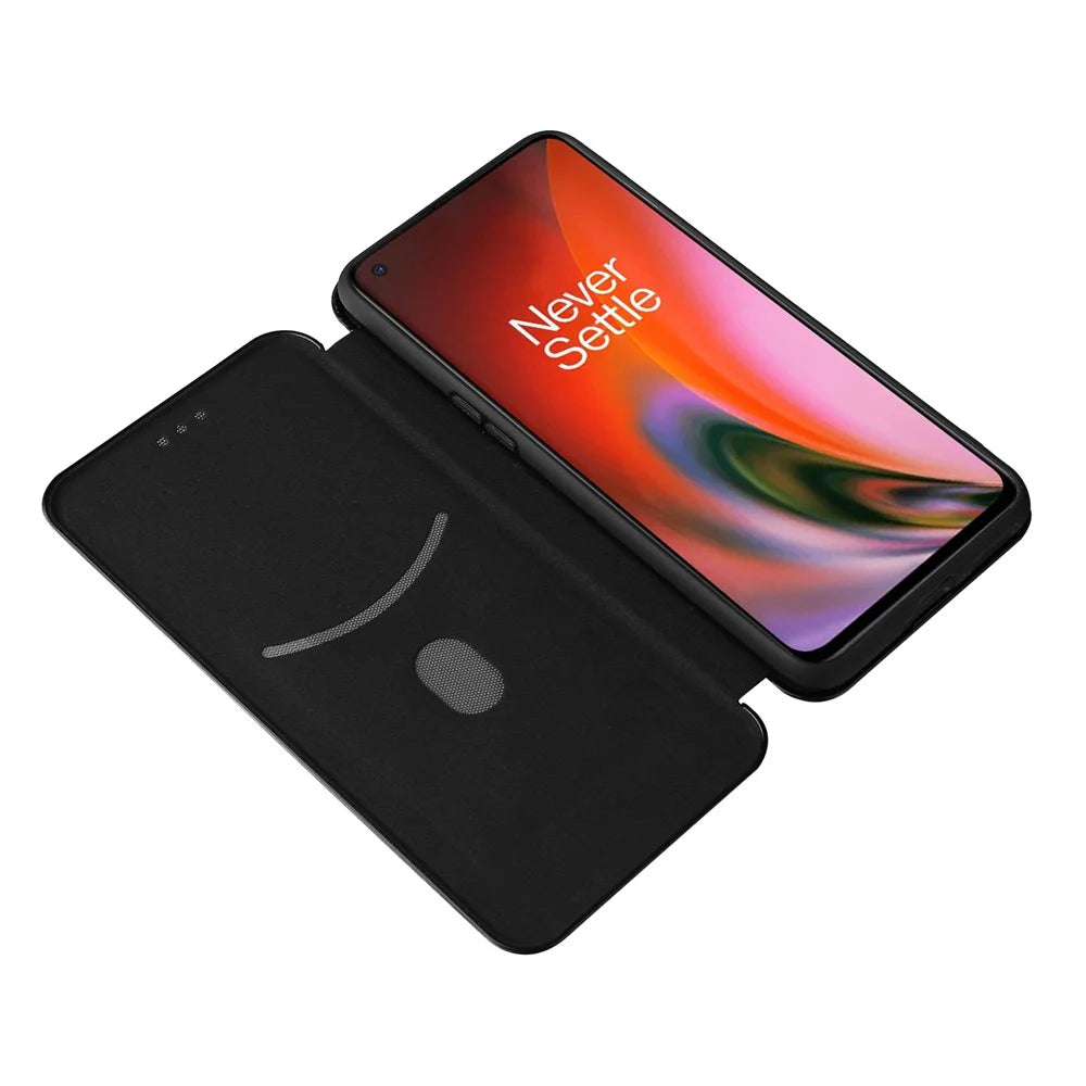 Carbon Fiber Texture Card Slot Design Magnetic Auto-absorbed Leather Shell Phone Case for OnePlus Nord 2 5G - Black - 7