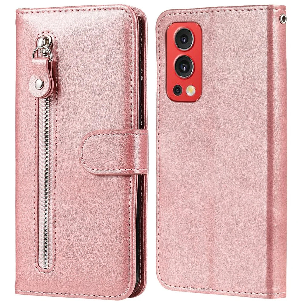 Zipper Pocket Magnetic Clasp Wallet Design Leather Phone Stand Case Shell for OnePlus Nord 2 5G - Rose Gold - 1