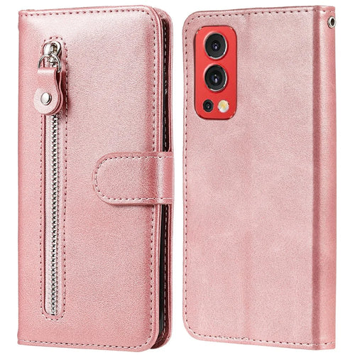 Zipper Pocket Magnetic Clasp Wallet Design Leather Phone Stand Case Shell for OnePlus Nord 2 5G - Rose Gold - 1