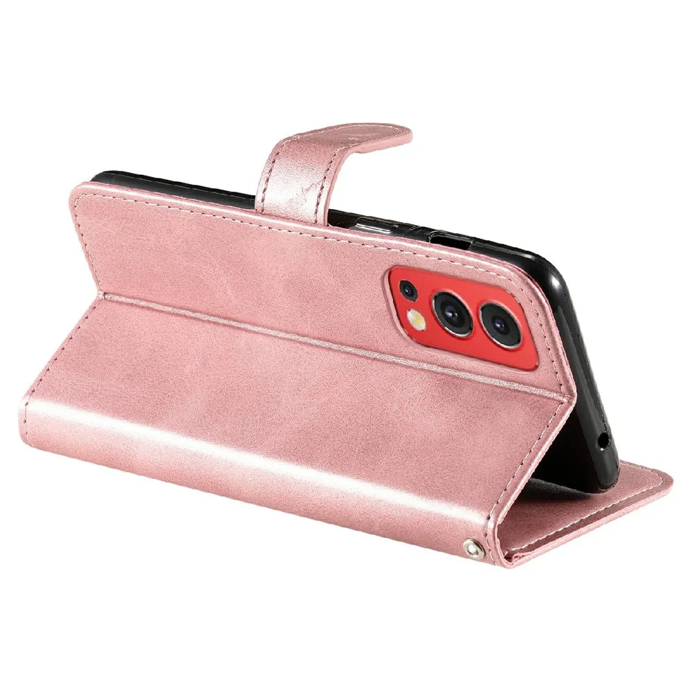 Zipper Pocket Magnetic Clasp Wallet Design Leather Phone Stand Case Shell for OnePlus Nord 2 5G - Rose Gold - 5