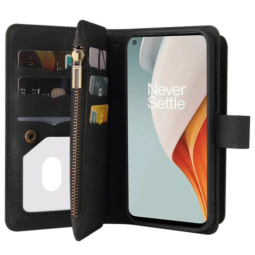 For OnePlus Nord N100 5G Zipper Wallet Case with 15 Card Slots and Strap Leather Phone Cover - Black - 1