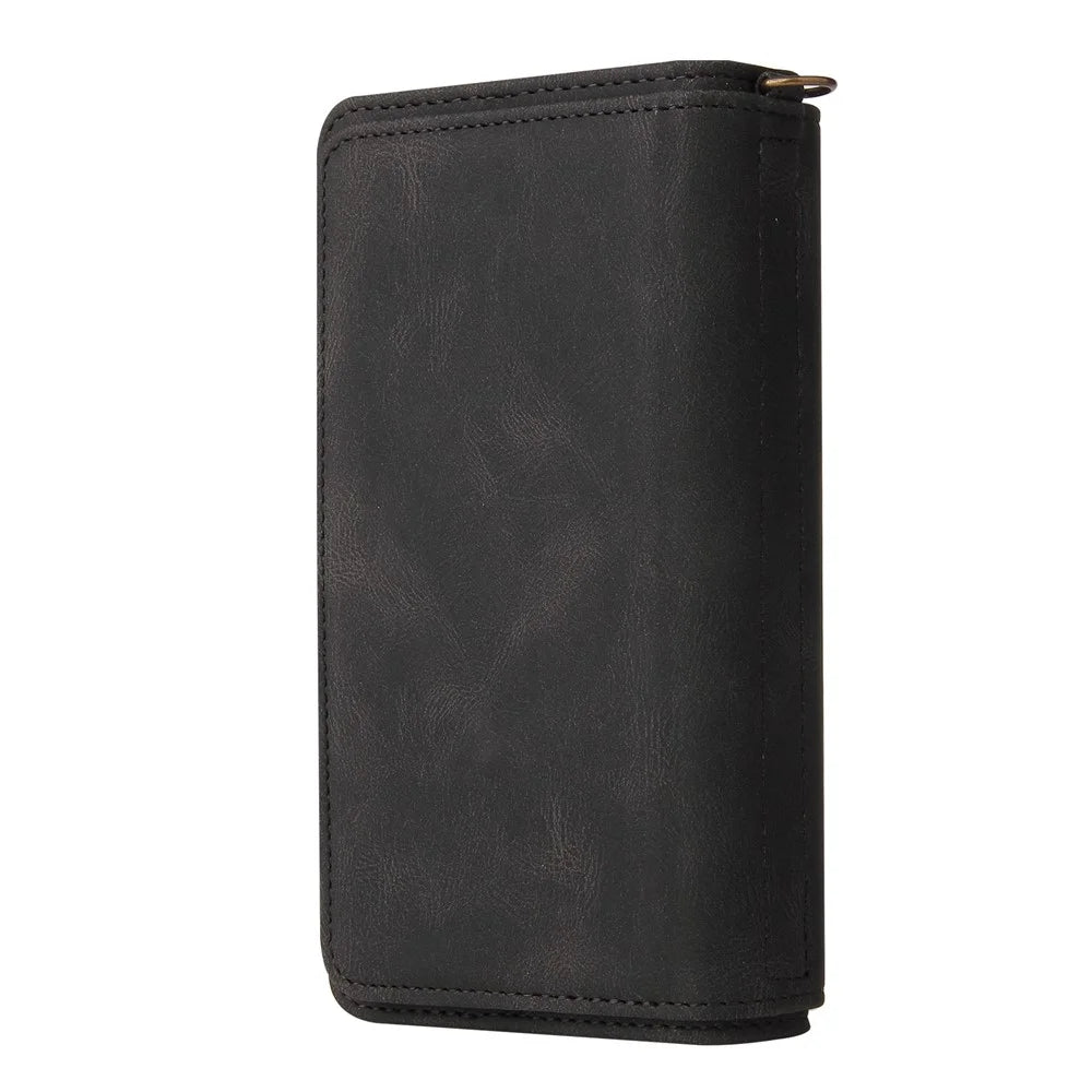 For OnePlus Nord N100 5G Zipper Wallet Case with 15 Card Slots and Strap Leather Phone Cover - Black - 3