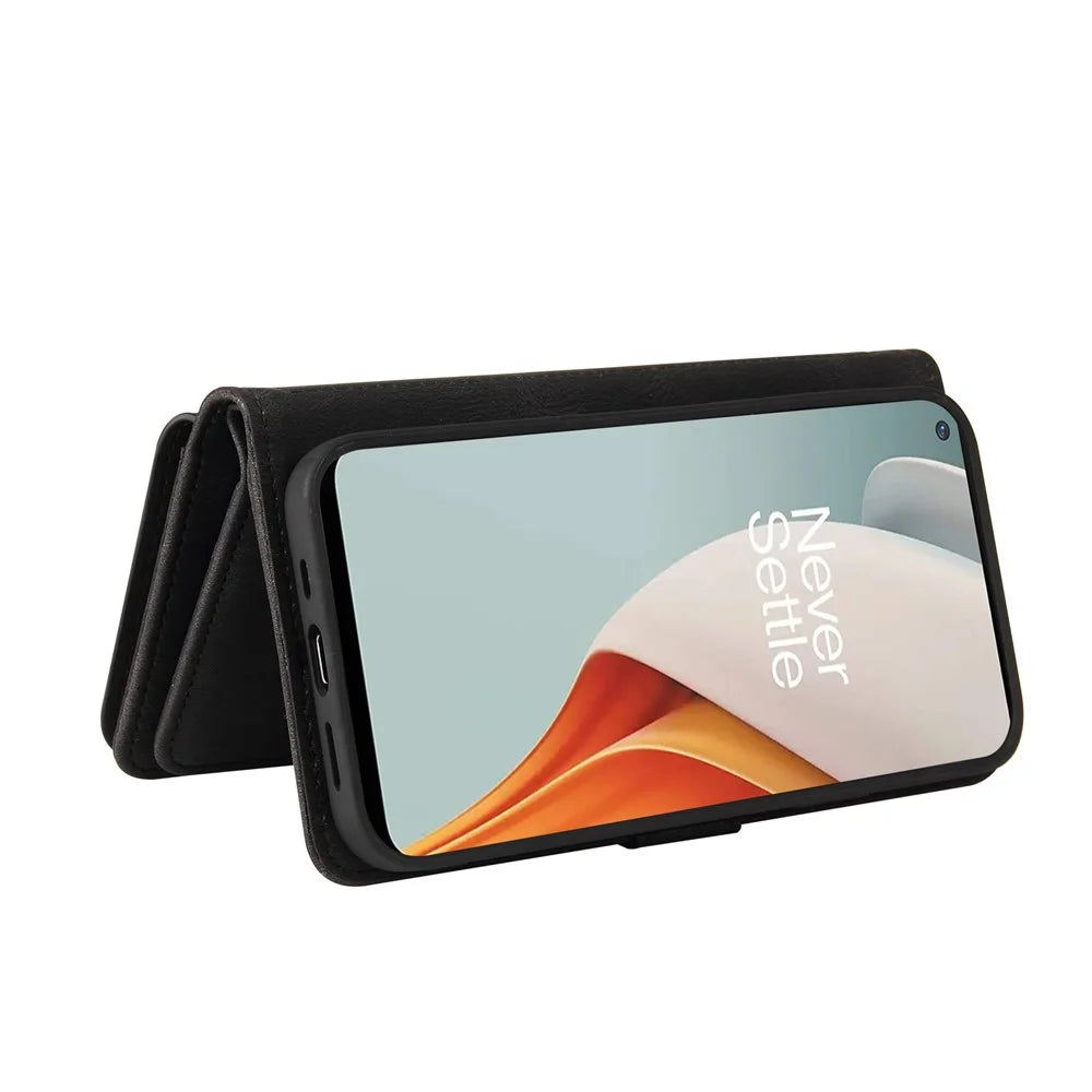 For OnePlus Nord N100 5G Zipper Wallet Case with 15 Card Slots and Strap Leather Phone Cover - Black - 6