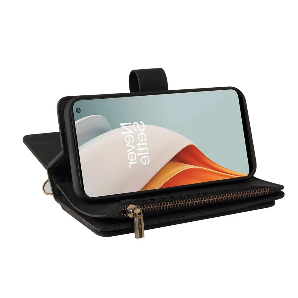 For OnePlus Nord N100 5G Zipper Wallet Case with 15 Card Slots and Strap Leather Phone Cover - Black - 7