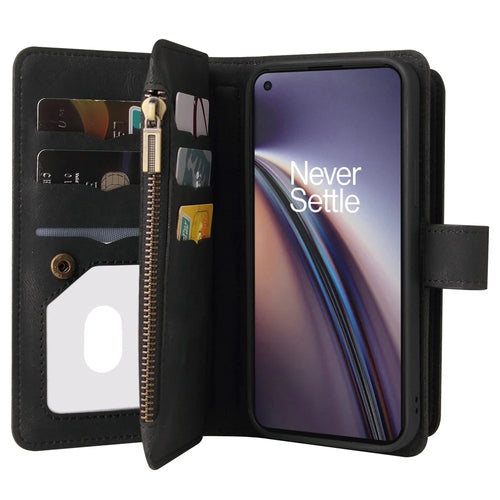 For OnePlus Nord CE 5G Zipper Wallet Case with 15 Card Slots and Strap Leather Phone Cover - Black - 1