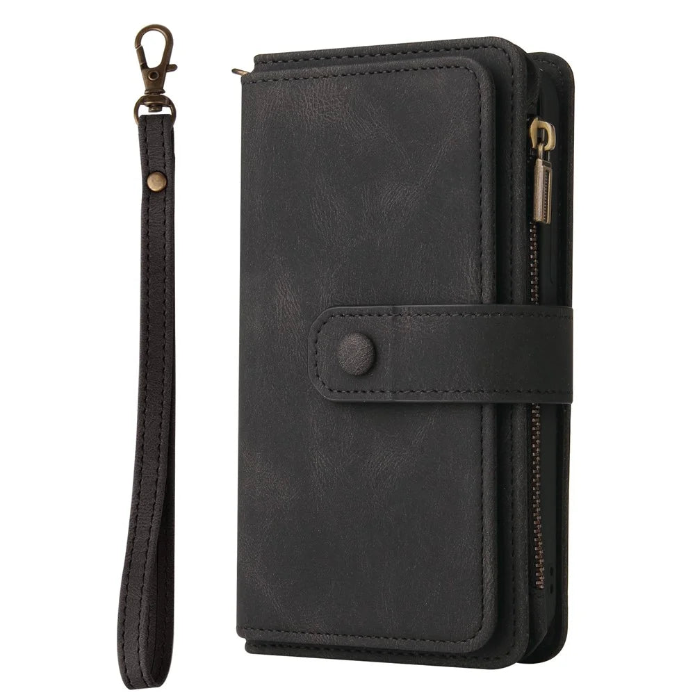 For OnePlus Nord CE 5G Zipper Wallet Case with 15 Card Slots and Strap Leather Phone Cover - Black - 2