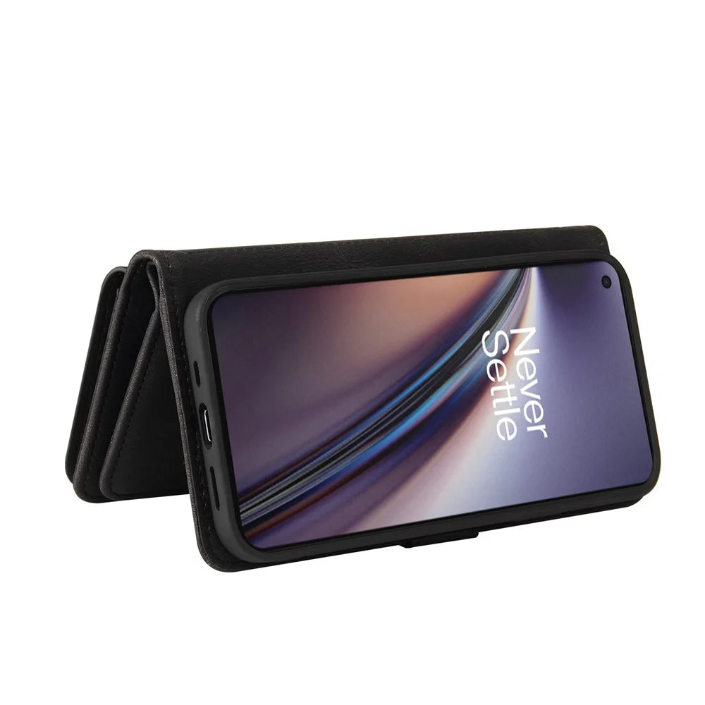 For OnePlus Nord CE 5G Zipper Wallet Case with 15 Card Slots and Strap Leather Phone Cover - Black - 6