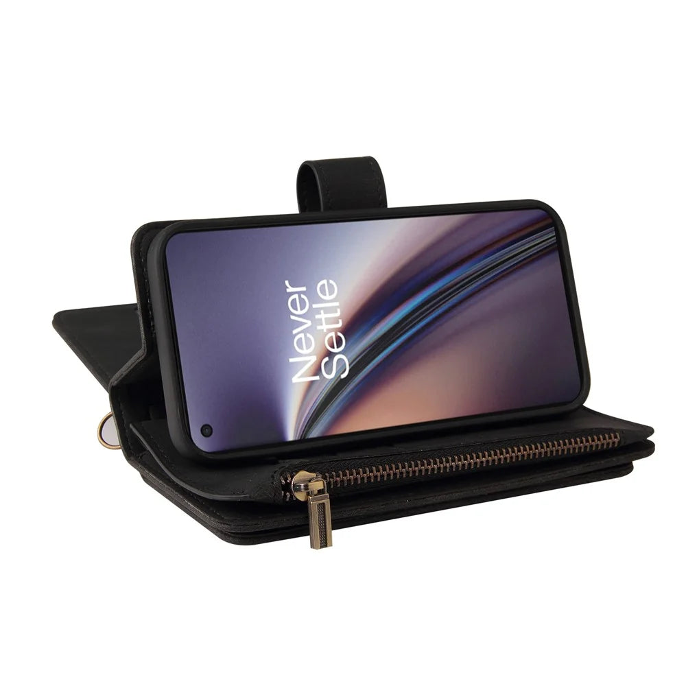 For OnePlus Nord CE 5G Zipper Wallet Case with 15 Card Slots and Strap Leather Phone Cover - Black - 7