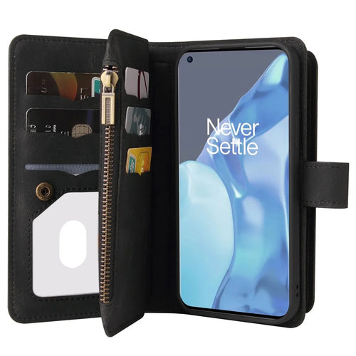 For OnePlus 9 Pro Zipper Wallet Case with 15 Card Slots and Strap Leather Phone Cover - Black - 1