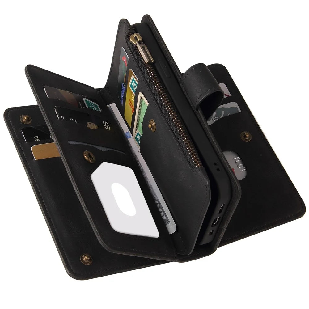 For OnePlus 9 Pro Zipper Wallet Case with 15 Card Slots and Strap Leather Phone Cover - Black - 5