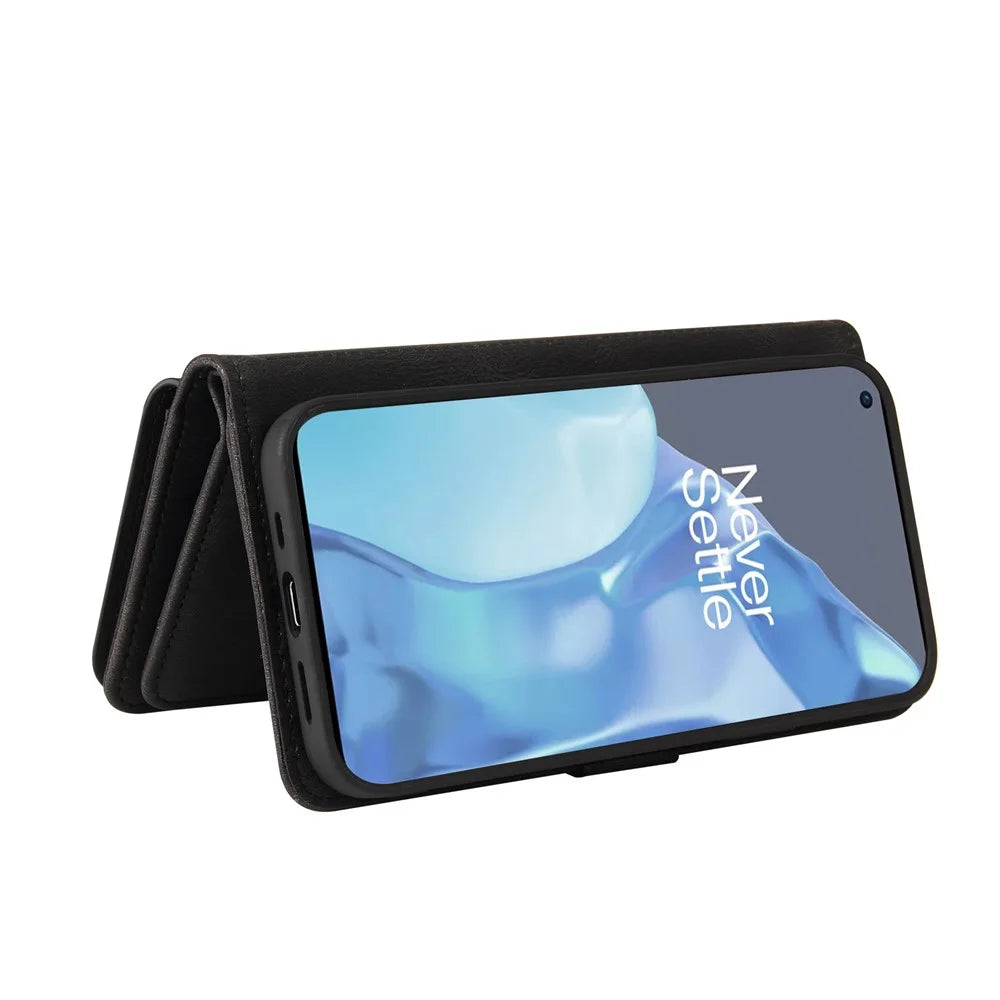 For OnePlus 9 Pro Zipper Wallet Case with 15 Card Slots and Strap Leather Phone Cover - Black - 6