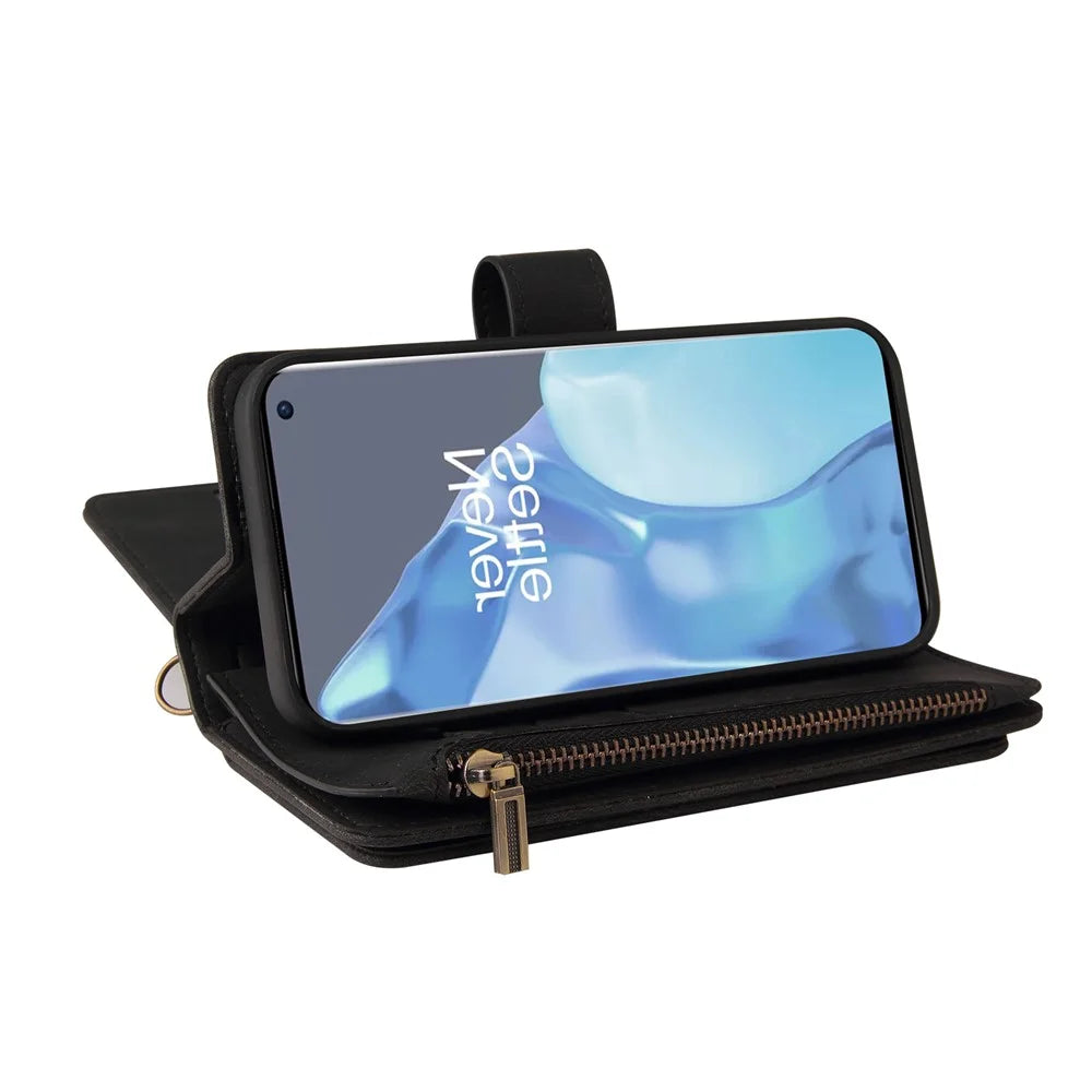 For OnePlus 9 Pro Zipper Wallet Case with 15 Card Slots and Strap Leather Phone Cover - Black - 7