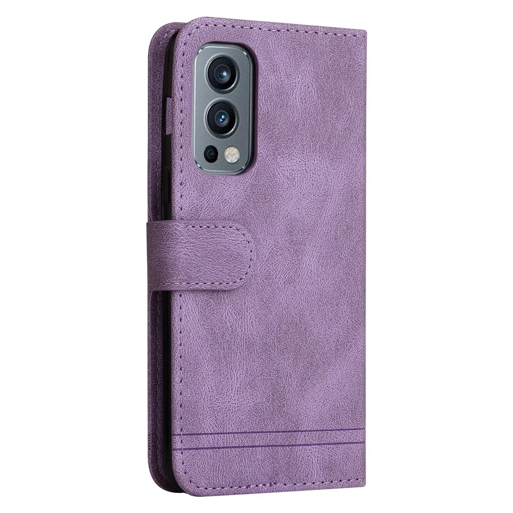 For OnePlus Nord 2 5G Leather Wallet Cases Skin Touch Phone Cover Stand with Strap - Purple - 3