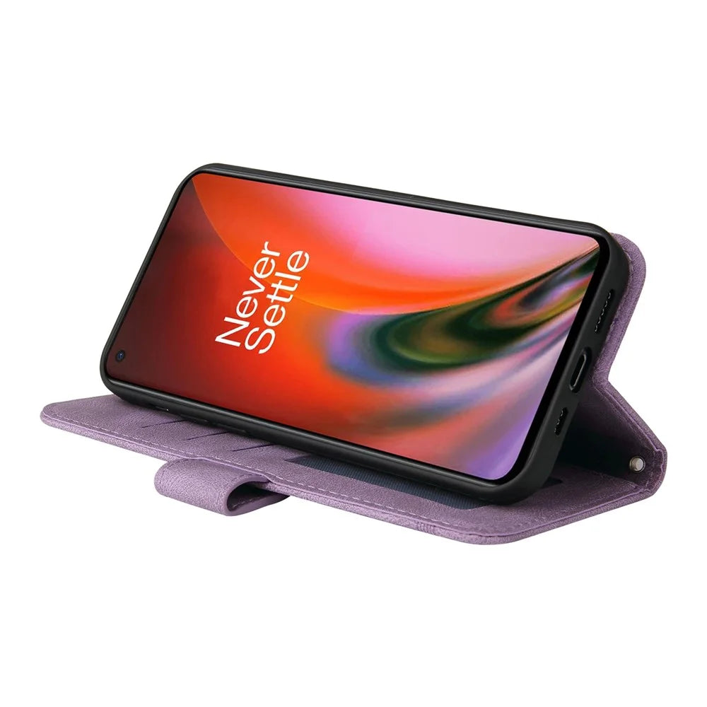 For OnePlus Nord 2 5G Leather Wallet Cases Skin Touch Phone Cover Stand with Strap - Purple - 5