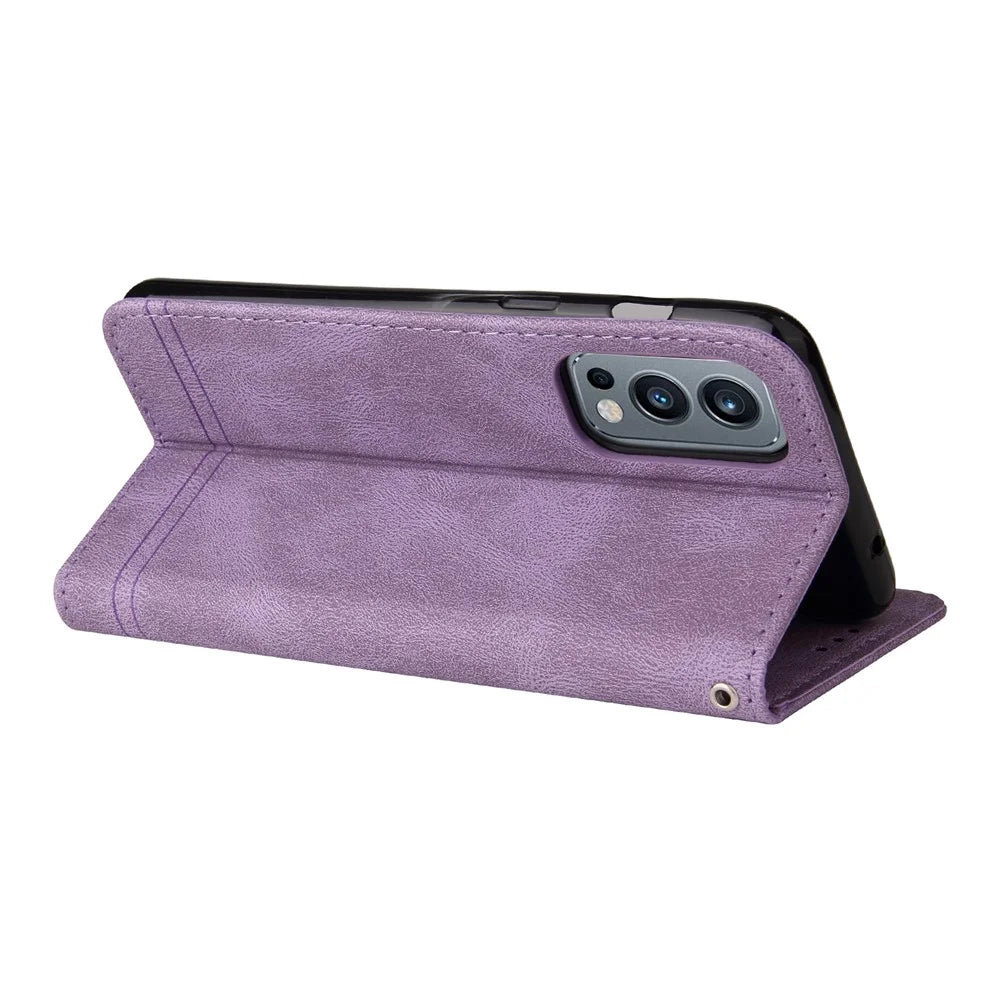 For OnePlus Nord 2 5G Leather Wallet Cases Skin Touch Phone Cover Stand with Strap - Purple - 6