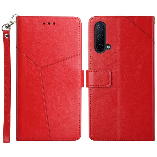 Full Body Protection Y-shaped Line Imprinting PU Leather Phone Wallet Shell Cover with Adjustable Stand for OnePlus Nord CE 5G - Red - 1